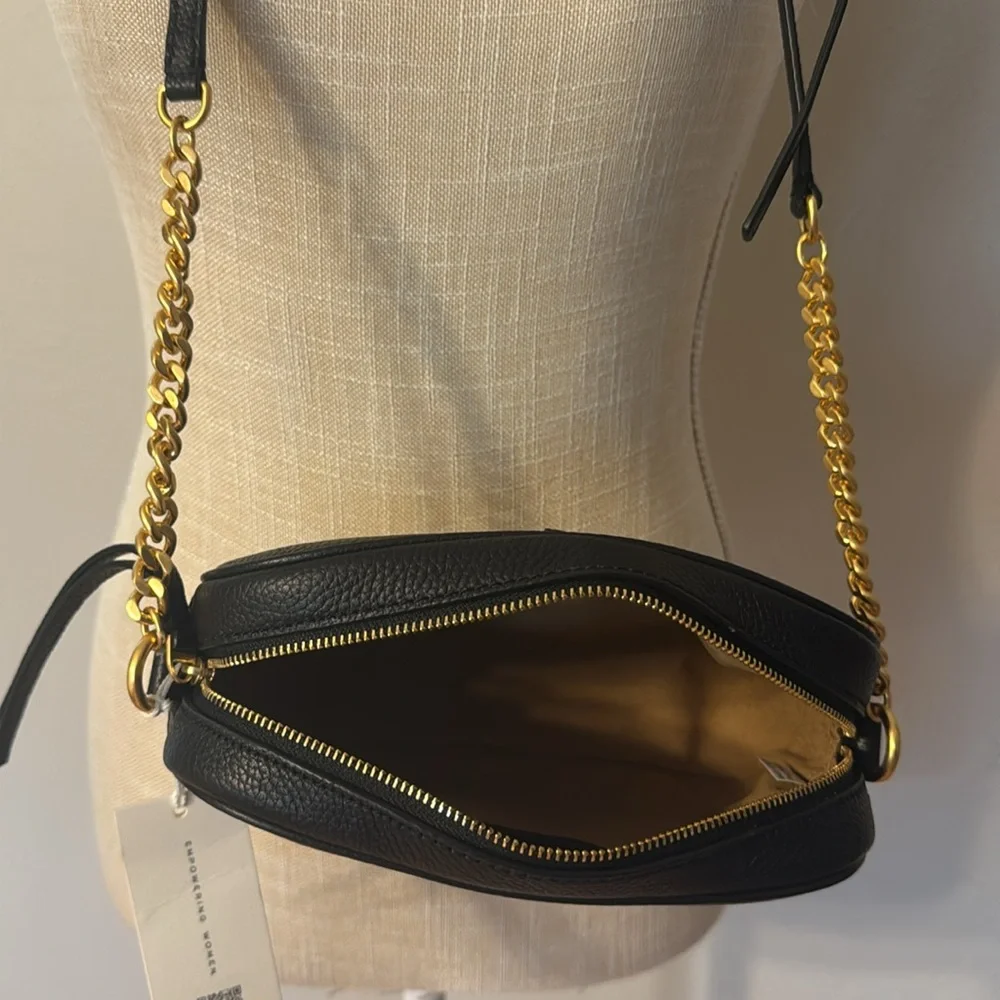 Tory Burch Black Pebbled Leather Camera Bag with Gold Chain